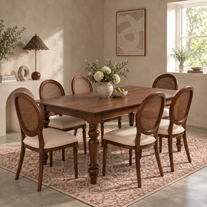 Ensemble de salle à manger traditionnel en bois avec chaises à dossier canné et table solide, 6 pièces, finition antique, meubles pour la maison - Product Image 1
