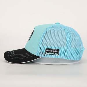 BSCI, gorra deportiva de malla para exteriores de 5 paneles personalizada al por mayor, gorra de camionero con parche tejido de algodón azul con logotipo bordado de alta calidad - Product Image 3
