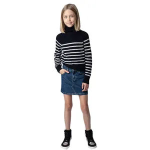 OEM Manufacturer High-Neck Slim Fit Sweater and Denim Skirt Casual Clothing set Girls Teenager Clothes Striped