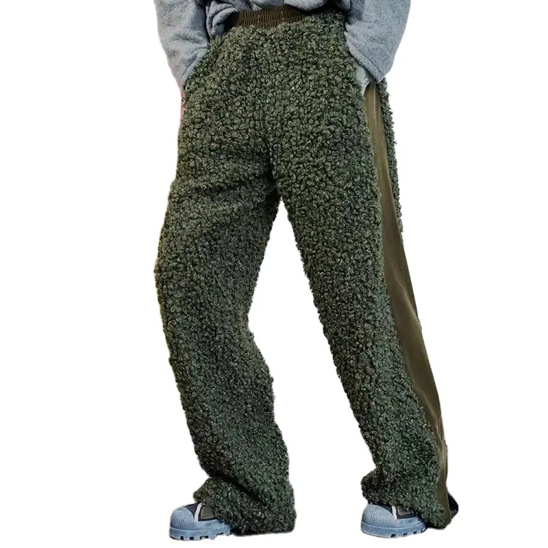 DiZNEW Synthetic lamb wool velour spliced polar fleece pants men's loose winter warm straight leg green pants