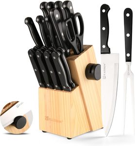 Astercook Set coltello da 15 pezzi con blocco affilatore Stovekraft supporto <span class=keywords><strong>angolare</strong></span> cesoie da <span class=keywords><strong>cucina</strong></span> 6 pezzi Set con blocco di legno - Product Image 1
