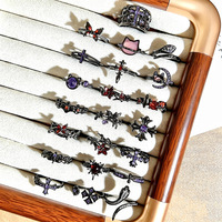 Cincin susun terbuka berlapis emas gaya gelap Halloween, personalisasi bunga iris ungu kristal punk untuk wanita
