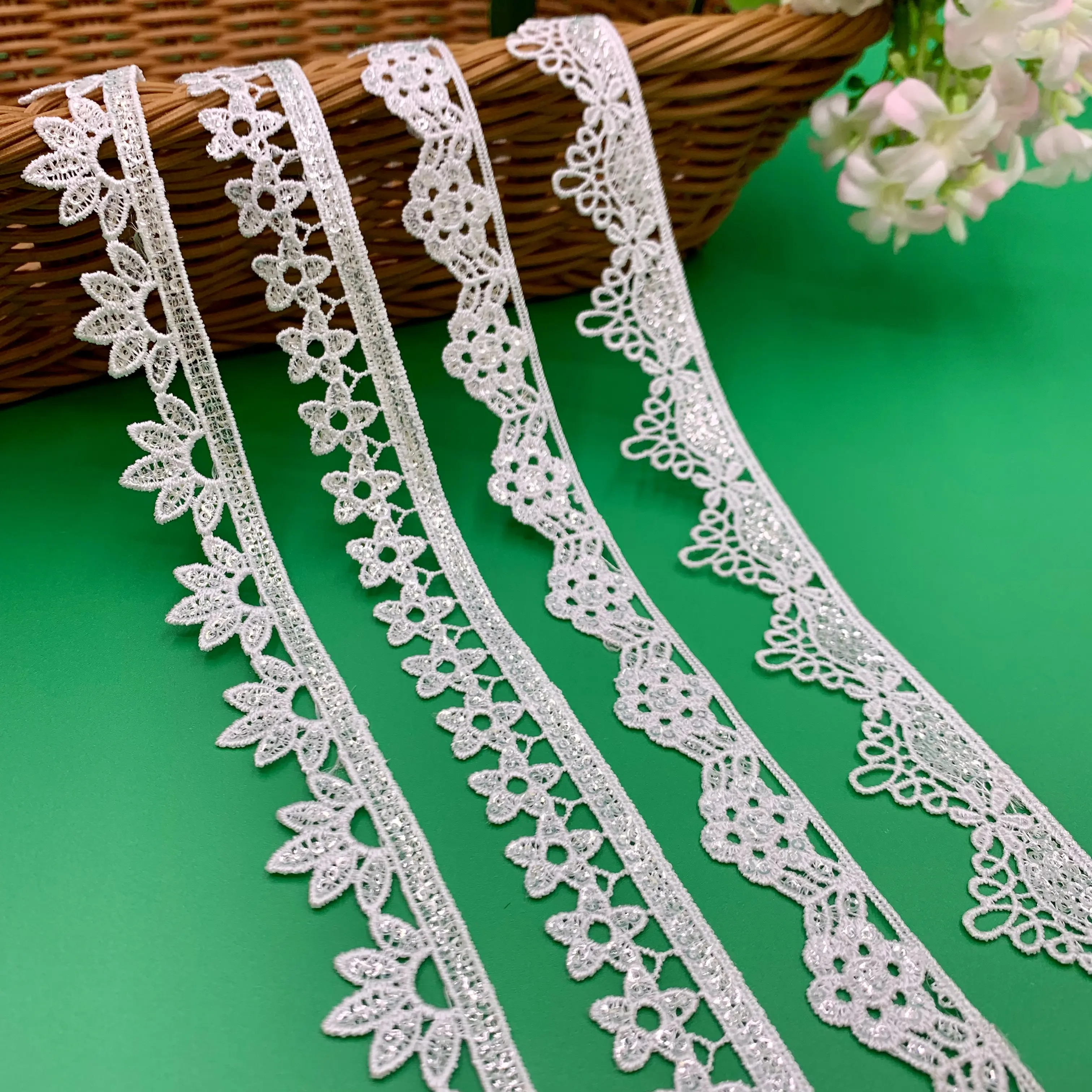 New Design Multicolor Rose Gold Sequin Lace Shiny Dentelle White Sewing Lace Fabric Trim Bridal Wedding Dresses