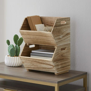 Ensemble de <span class=keywords><strong>2</strong></span> bacs de rangement empilables en bois naturel pour adultes pour maisons et jardins Boîte de rangement en bois pour livres et collations - Product Image 5