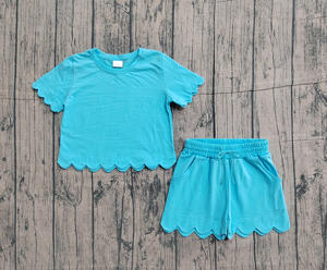 GSSO3180 Vente en gros personnalisée Petite fille cyan uni Imprimé été coton Tenues à manches courtes Ensemble de vêtements pour enfants - Product Image 1