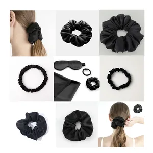 19 22 Momme Pure Black Slim Branded Scrunchy Mini Large Oversized Elastic Hair Bands Ties 100% Mulberry Silk Scrunchies