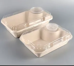 Kotak makan siang kertas tongkat biodegradable 850ml dengan cangkir saus kotak makan siang panas dan dingin
