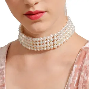 White Pearl Choker-Halsband Mehrstrang-Pearl-Choker-Halsband kurze Perlen-Halsband für Hochzeit und Teebegleitung
