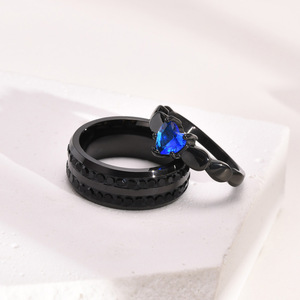 Bagues de couple assorties en acier inoxydable titane noir, incrustées de zircone cubique bleue étincelante, minimalistes, pour promesse - Product Image 5