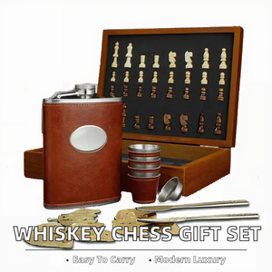 Whiskey Chess Gift Portable Square Wooden Box Set Mini Brown Leather <b>Stainless</b> Steel Flask with Funnel 8 oz 4 <b>Glasses</b> - Product Image 2