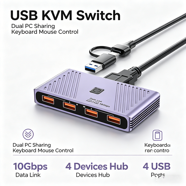 10Gbps USB 3.2 Gen2 Data Link Switch 2 Computers Share 4 USB File Transfer KVM Switcher for PC Laptop Keyboard Mouse Printer