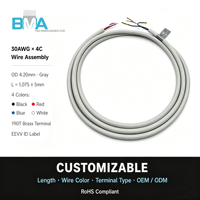 Câble de commande de machine sur mesure OEM, 30AWG, 4 conducteurs, avec borne en laiton 190T et extrémité dénudée