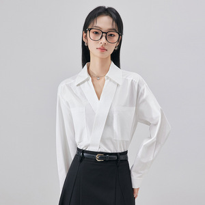 Women's White Long Sleeve Shirt With V Neck And Pocket Black Skirt Set For Office Wear - Product Image 4