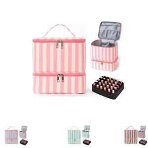 Organisateur de cosmétiques portable à grande capacité, multi-compartiments, à fermeture éclair, à 2 niveaux, rayé, en polyester, pour le voyage - Product Image 1