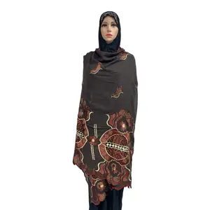 Lenço de algodão grande, cachecol da moda para mulheres e musculares, de algodão, grande, com pedra elástica, hijabs, bordado, africano
