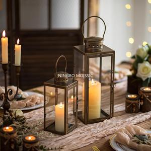 Grandes lanternes décoratives d'extérieur de 13.8 pouces de haut Lanterne rustique en métal avec verre Bougeoir vintage doré pour mariage - Product Image 3