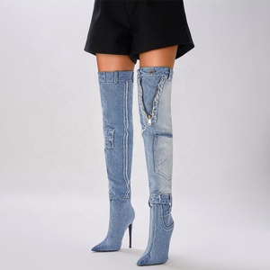 Handmade Denim Women's Sewing Patchwork Knee High Thin Heels Pockets Autumn Winter Mesh <b>Boots</b> Pointed Toe Shoes Stiletto Wide - Product Image 2