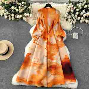 Vestido Maxi Plisado Romano Transpirable Lavable de Manga Larga para Mujer, Estampado Imperio con Encaje, Tejido Ecológico, Corte A, para Fiesta de Invierno, Morado - Product Image 1