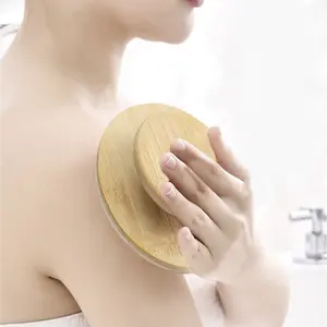Escova de banho de bambu para corpo seco com cerdas finas de silicone, cabo de madeira esfoliante para chuveiro