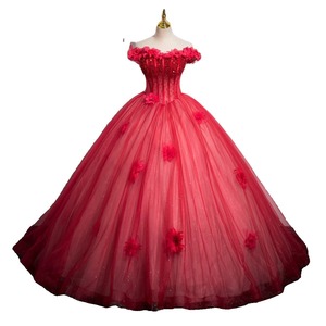 Red Off Shoulder Ball Gown Dress Floral Tulle Skirt Performance Attire Host Vocal Exam Annual Meeting Dress - Product Image 5