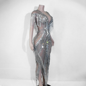 <span class=keywords><strong>Vestido</strong></span> Maxi de Lujo con Flecos de Pedrería Plateada y Malla Transparente, Sin Espalda, para Baile, Disfraces Sexys, Ropa de Baile Escénico, <span class=keywords><strong>Drag</strong></span> <span class=keywords><strong>Queen</strong></span>, para Mujer, En Stock - Product Image 3