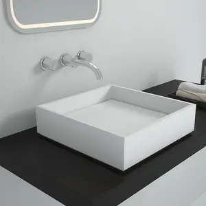 BS-8336 ince kenar kare özellik tasarım banyo katı yüzey reçine yapay taş mermer lavabo yıkama el yapımı lavabo
