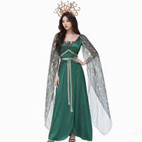 Robe longue de soirée féminine pour Halloween, style Renaissance, avec cape en maille à sequins verts et coiffe à cornes, pour cosplay de fée elfe fantastique