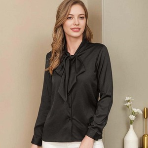 Offre Spéciale nouveau Style élégant nœud papillon cou Blouse couleur unie soie à manches longues chemise bureau dame soie Blouse - Product Image 1