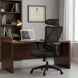 Chaise de bureau de direction à dossier haut en maille avec support lombaire réglable, appui-tête intégré et base pivotante, noire - Product Image 2