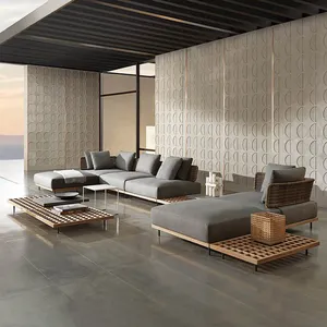 Sofá de jardim minimalista, mobília para o ar livre, sala de estar, conjunto de sofás de madeira de teca, sofá de beira de piscina, conjuntos de rattan em forma de L, jardim