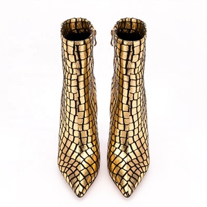 Bottines à talon fin et bout pointu imprimé pierre dorée pour femme, grande taille personnalisée 47, avec fermeture éclair latérale - Product Image 2