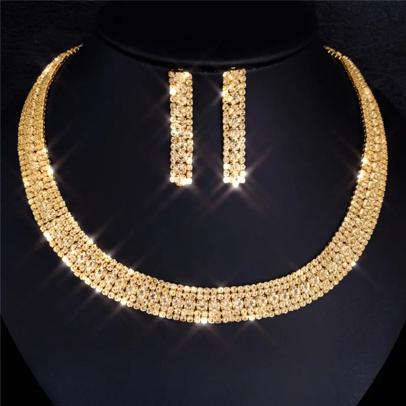 Fashion Exquisite Gold Rhinestone Necklace Earring Set Bridal Wedding Necklace Set Jewelry Women's Alloy Independent Packaging