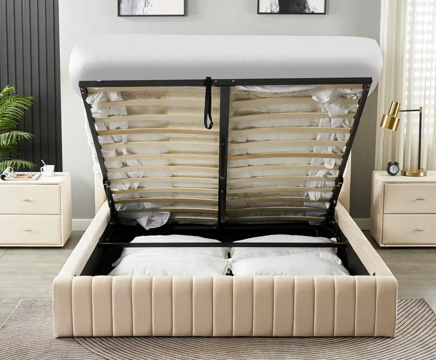 Cabecero alto de tela aterciopelada, muebles de dormitorio, mesa lateral para cama y cama