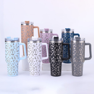 Stainless Steel Tumbler 40oz Leopard Print With Handle Travel Mug Custom Logo - Product Image 4