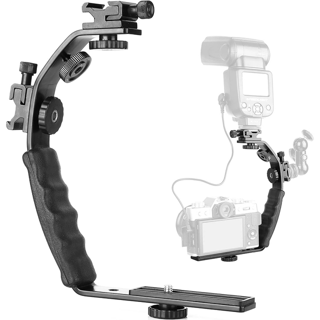 Camera L Bracket Mount Video Grip L-Bracket with Dual Flash Cold Shoe Mount 1/4'' Tripod Screw, Heavy Duty Padded Hand Grip