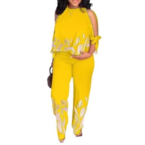 Women's Round Neck Raglan Sleeve <b>Beaded</b> <b>Top</b> With Positioned Print Long Pants Plus Size 2-Piece Set Fashion - Product Image 1