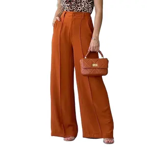 Pantaloni Casual a gamba larga moda donna pantaloni lunghi larghi solidi a vita media Party Office Lady plissettato Trim Palazzo Pantalon Femme