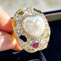 Bague ajustable en alliage avec perle baroque naturelle d'eau douce en forme de cœur et tourmaline incrustée, pour femme, idéale pour les fêtes ou comme cadeau