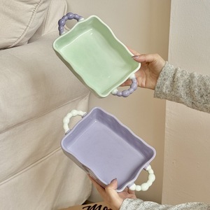 Bandeja para hornear estilo Ins con bloques de color, irregular, profunda, con dos asas, de alta gama, apta para <span class=keywords><strong>microondas</strong></span> y horno, vajilla. - Product Image 1