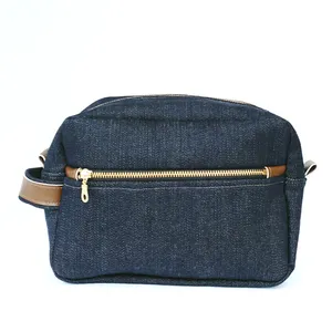 Custom Made Navy Denim Mens Toiletry Shaving Kit Denim Cosmetic Bag