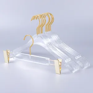 Cabide transparente acrílico de roupas e calças, cabide com gancho dourado para loja de roupas
