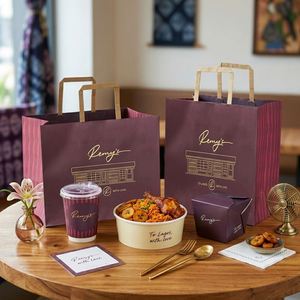 Bolsas de Papel Kraft Reciclables y Desechables Ecológicas Personalizadas con Logotipo Impreso para Comida para Llevar de Restaurantes - Product Image 1