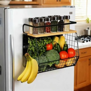 Wall Mounted Kitchen Storage Rack 2 Tier Magnetic Fruit <b>Vegetable</b> Organizer With Spice Shelf For Refrigerator Use - Product Image 2