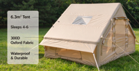 Tente de camping gonflable robuste en Oxford 300D avec structure en A, poteaux de support rapides en PVC, et auvent à arceaux pour glamping, imperméable