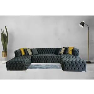 Winforce Sala Mobiliário Italiano Sofá Set Luxo U Forma Verde Holanda Veludo Sofá Tecido 7 Seater Corner Chesterfield Sof