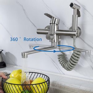 Заводская оптовая продажа, расширенный кухонный кран из нержавеющей стали, 360 Поворотный кран с двумя отверстиями для раковины с распылителем для биде, холодный горячий смеситель - Product Image 5