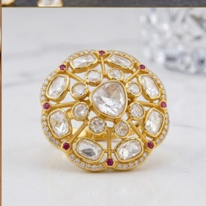 925 Silver Polki Kundan <b>Cocktail</b> <b>Ring</b> <b>Gold</b> Adjustable Statement Jewelry for Design Pave Setting Women's Party Jewelry - Product Image 2