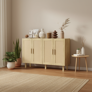 Armoire de salon style bohème avec 4 portes en rotin, finition bois naturel, étagères réglables - Product Image 2