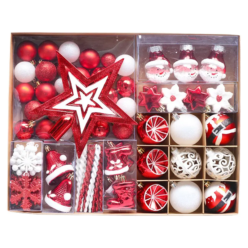 Fábrica de Navidad Grado superior 89 UNIDS Caja de regalo de Navidad Traje Bolas de Navidad de plástico rojo Conjunto Decoraciones navideñas Adornos