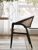 Chaise de salle à manger scandinave contemporaine en bois massif et rotin, revêtement en cuir Cortex, accoudoirs et dossier mobiles, mobilier de maison